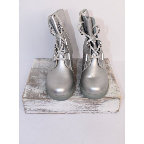 Sorel Disney Frozen Youth Ankle Boots Girls 3 Silver Leather Lace Up Wedge Heel - Picture 2 of 12
